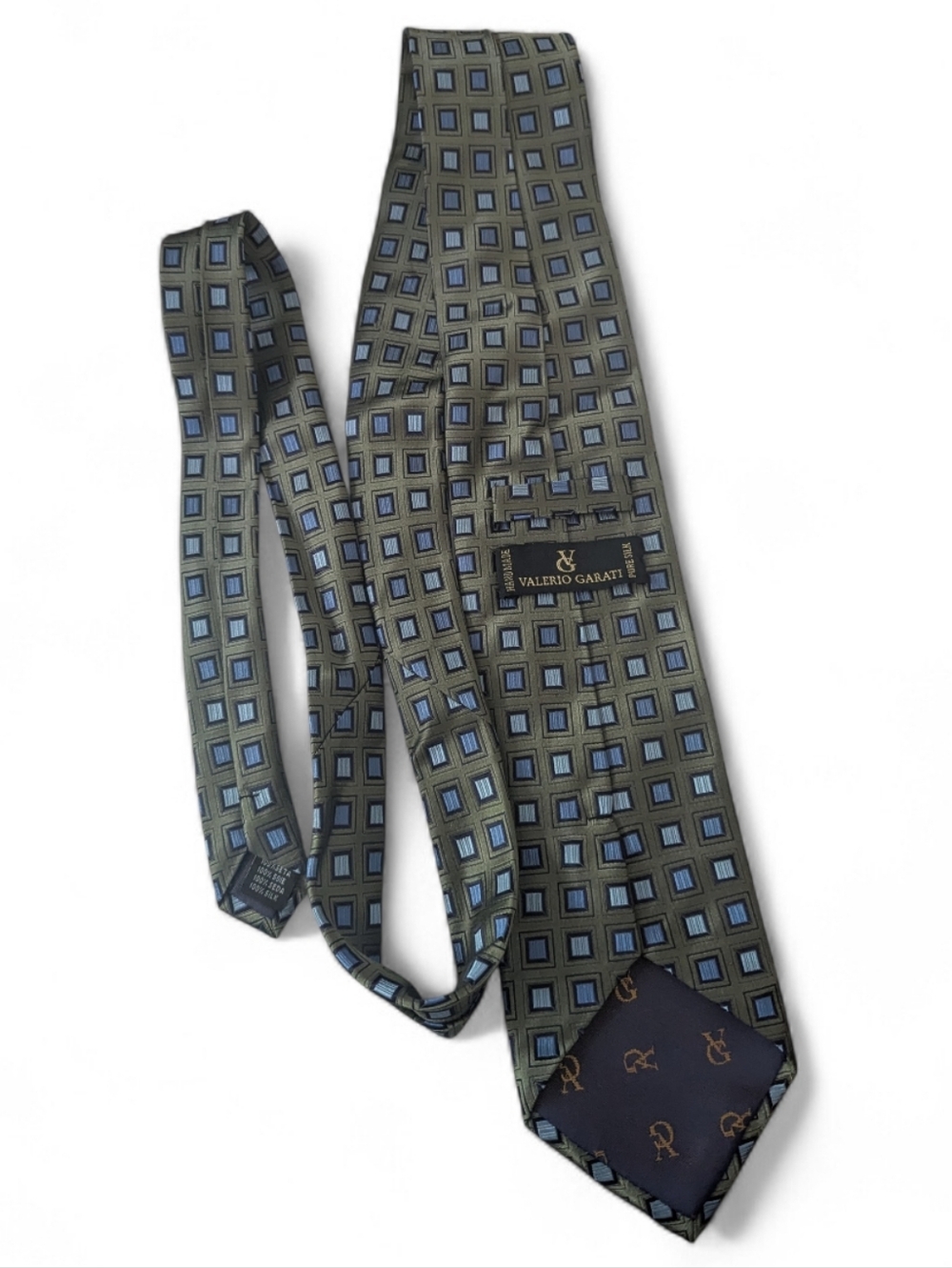 Valerio Garati Handmade Italian Silk Tie Blue Gray Geometric Square Pattern Neck